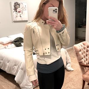 Off white cream leather crop jacket✨